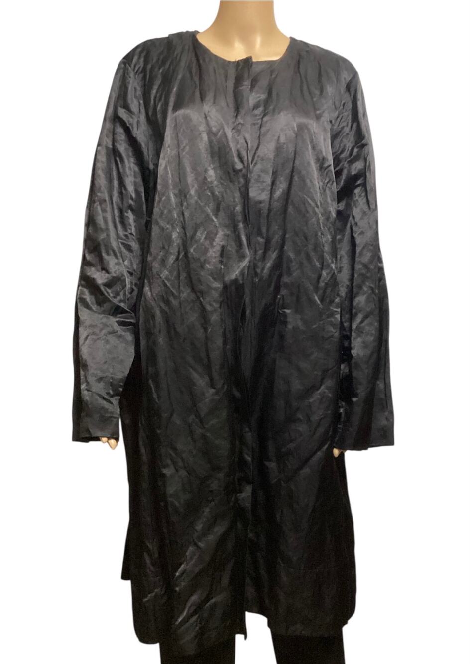 Eileen Fisher Size XL Steel Black Satin Metallic Round Neck Long Duster Coat